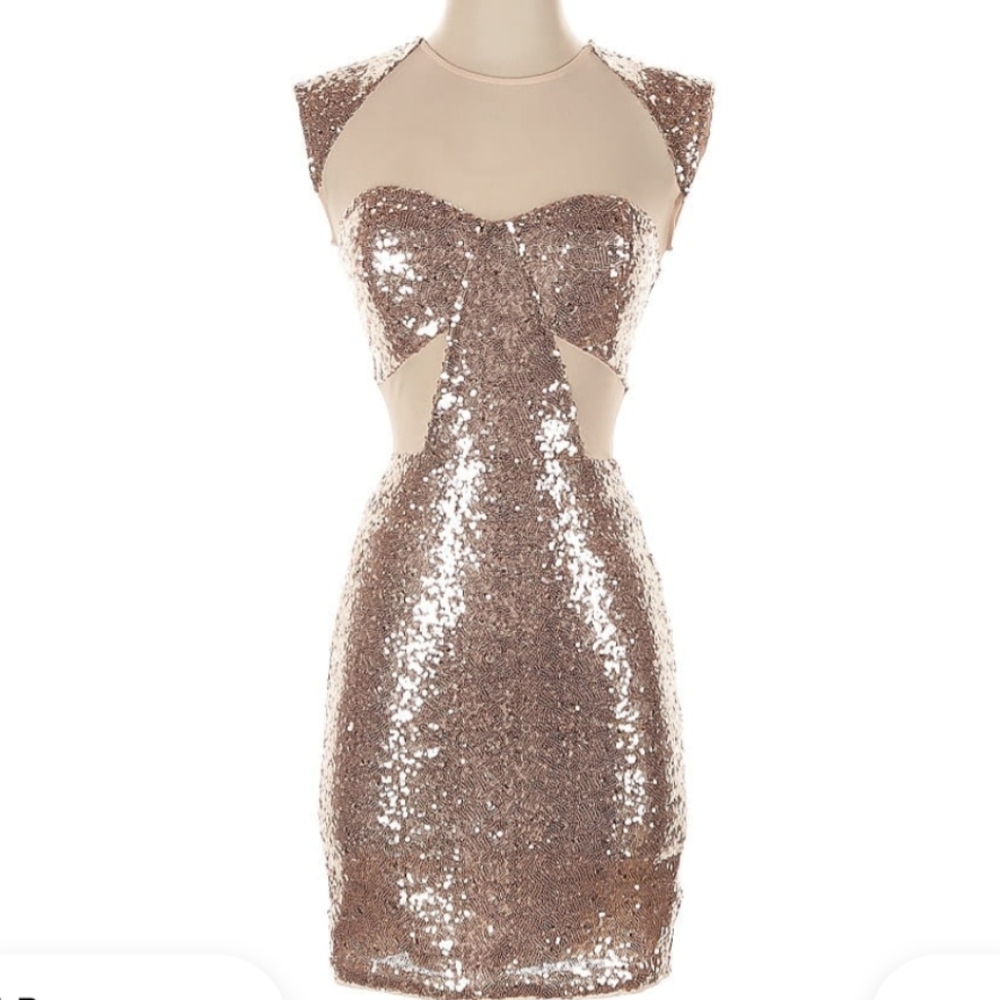 Pink Rose Gold Metallic Sequin Mesh Illusion Cocktail Party Dress XS